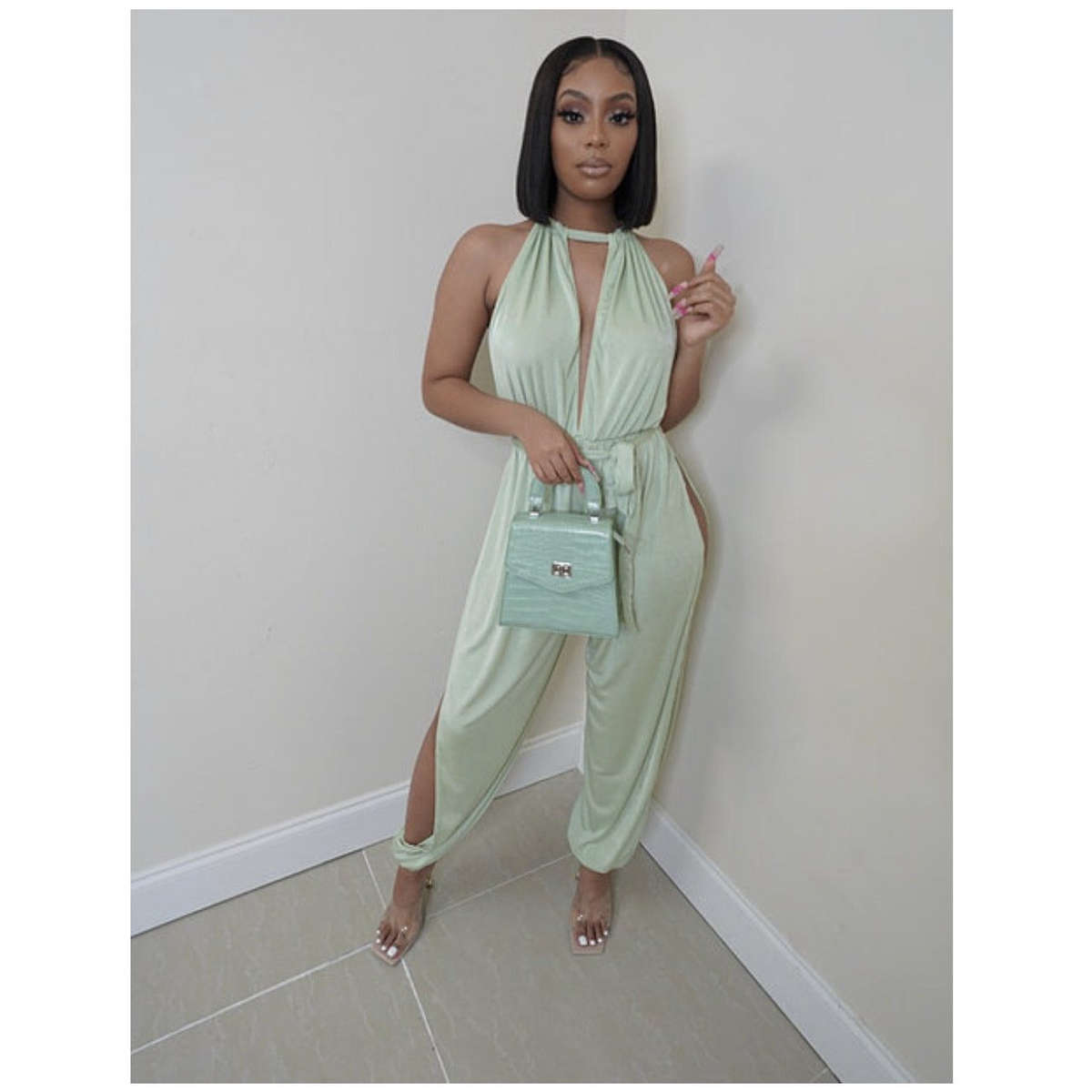Susie Side Open Jumpsuit - OLIVE GREEN / S