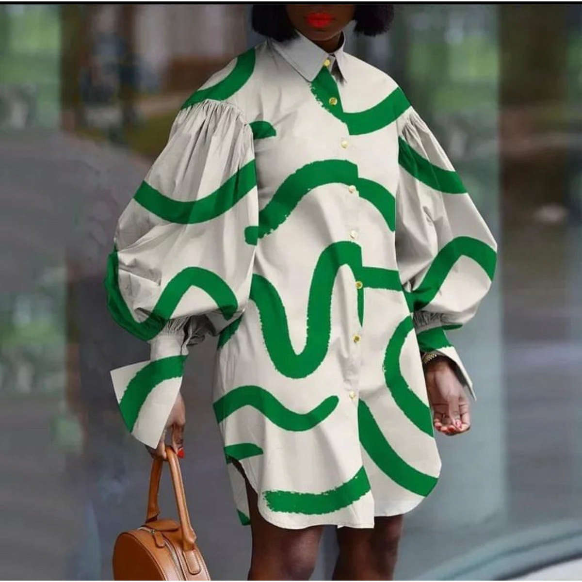 Lantern Sleeve Knee-Length Shirt Dress - RED / XXL