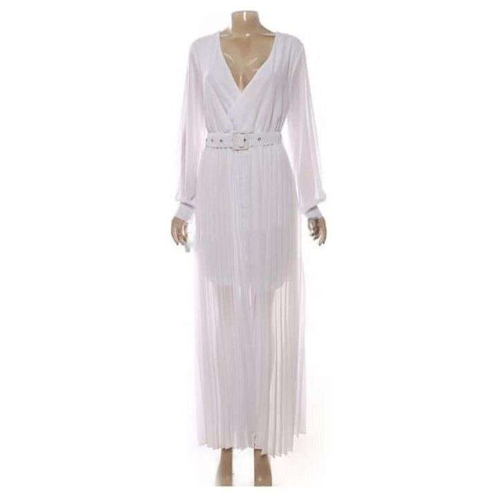 Deep V-Neck Long Sleeve Pleated Maxi Dress