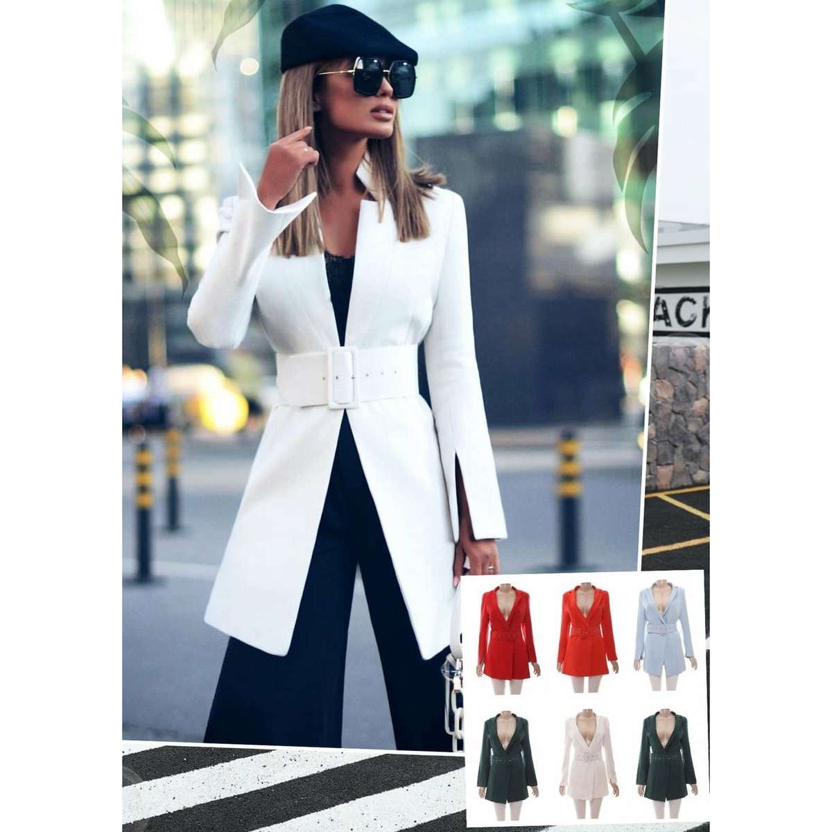 Belted Slim Long Blazer - GREEN / S