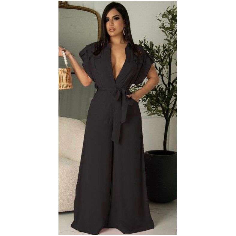 V-Neck Wide-leg Short Sleeve Overall Jumpsuit - PINK / L