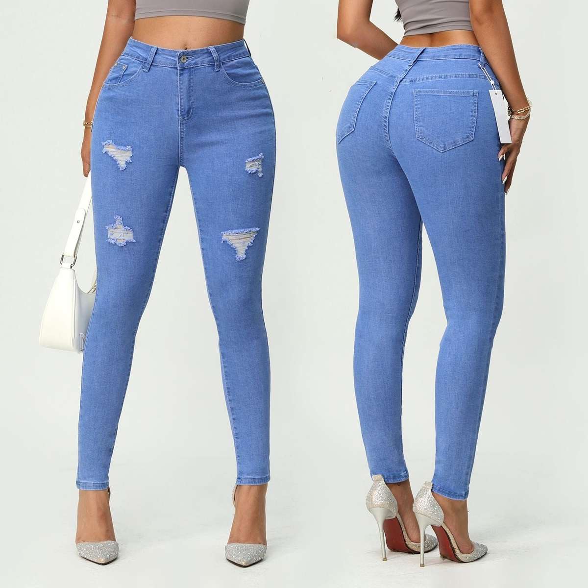 Distressed High Waisted Skinny Jeans - BLUE / 30