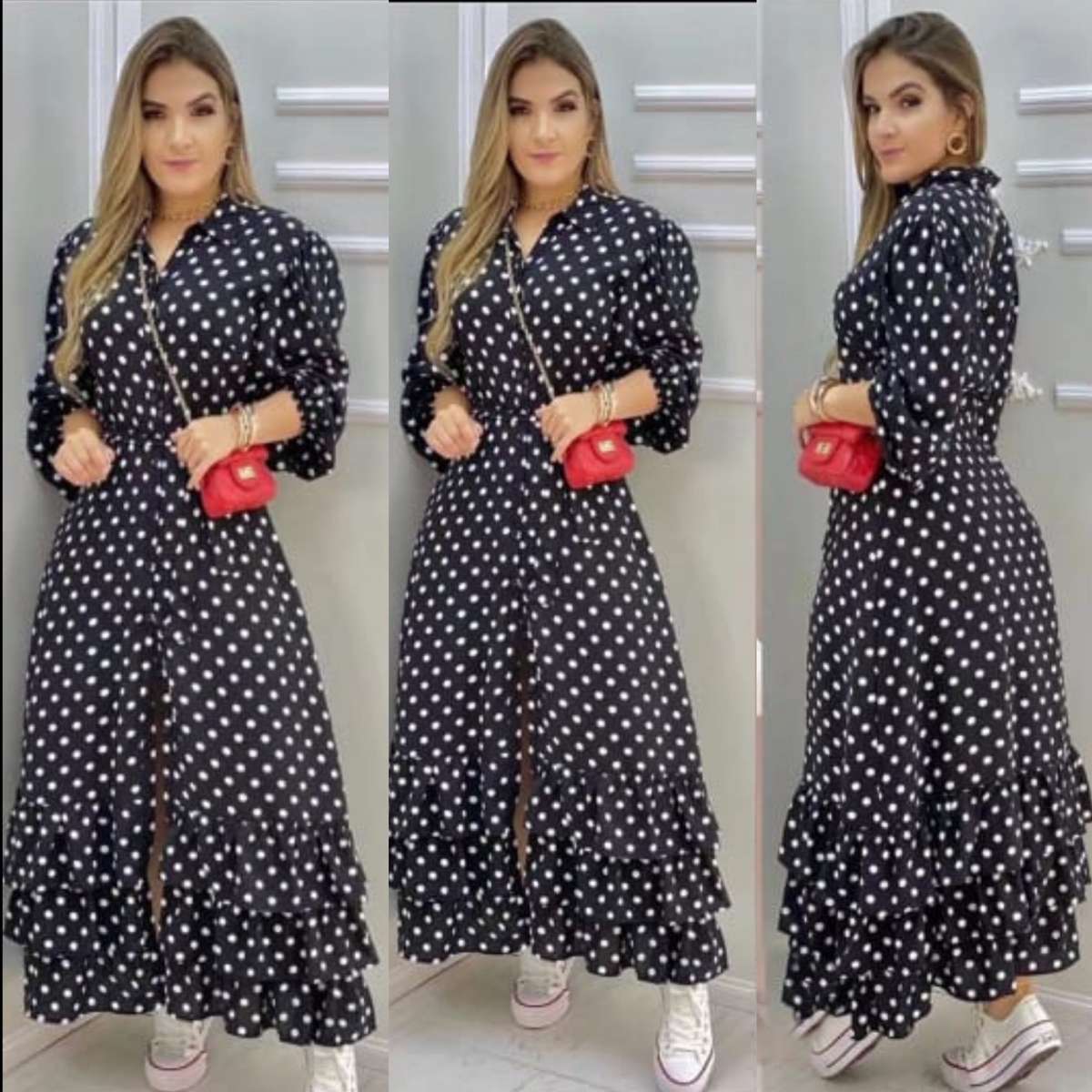 Long Sleeve Polka Dotted Shirt Dress - BLACK / L