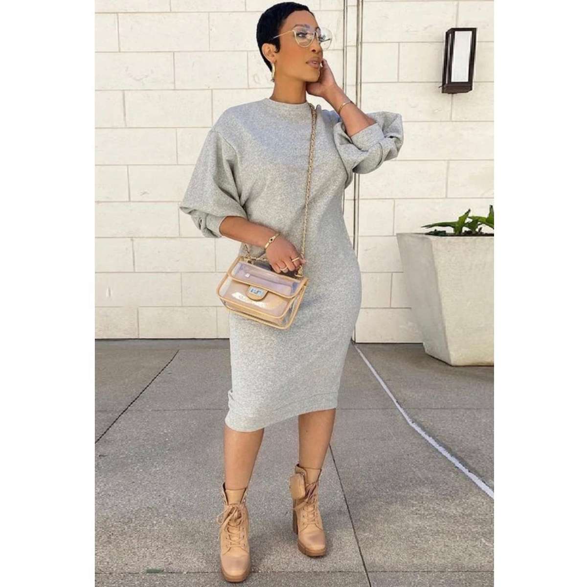 Puff Sleeve Sweater Dress - BLACK / M