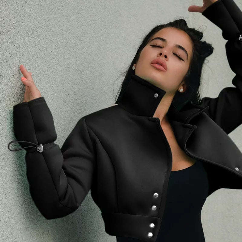 Turtleneck Buttons Cropped Jacket - BLACK / XXL