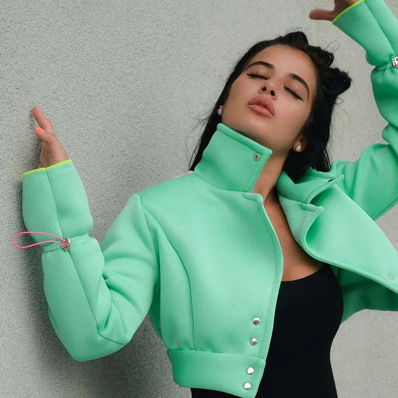 Turtleneck Buttons Cropped Jacket - MINT GREEN / S