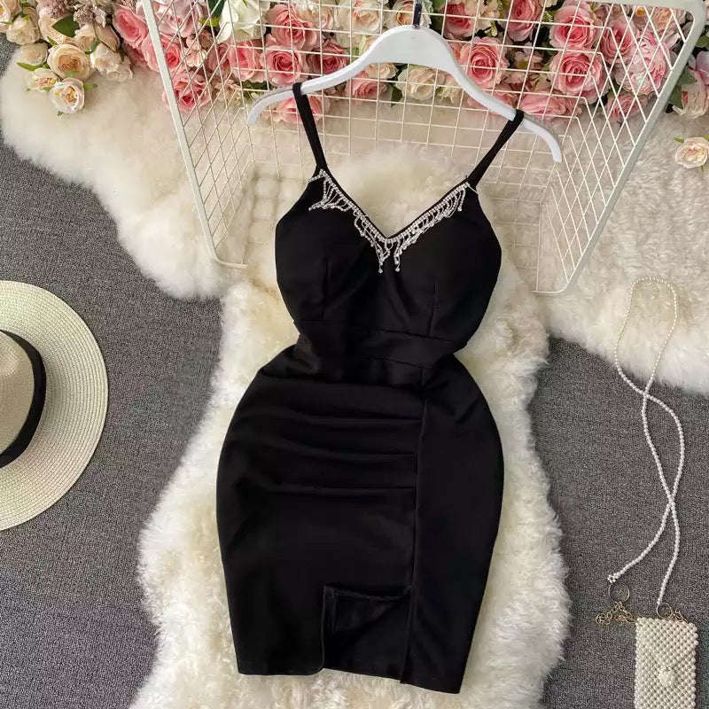 V-Neck Rhinestone Tassels Mini Dress - BLACK / S