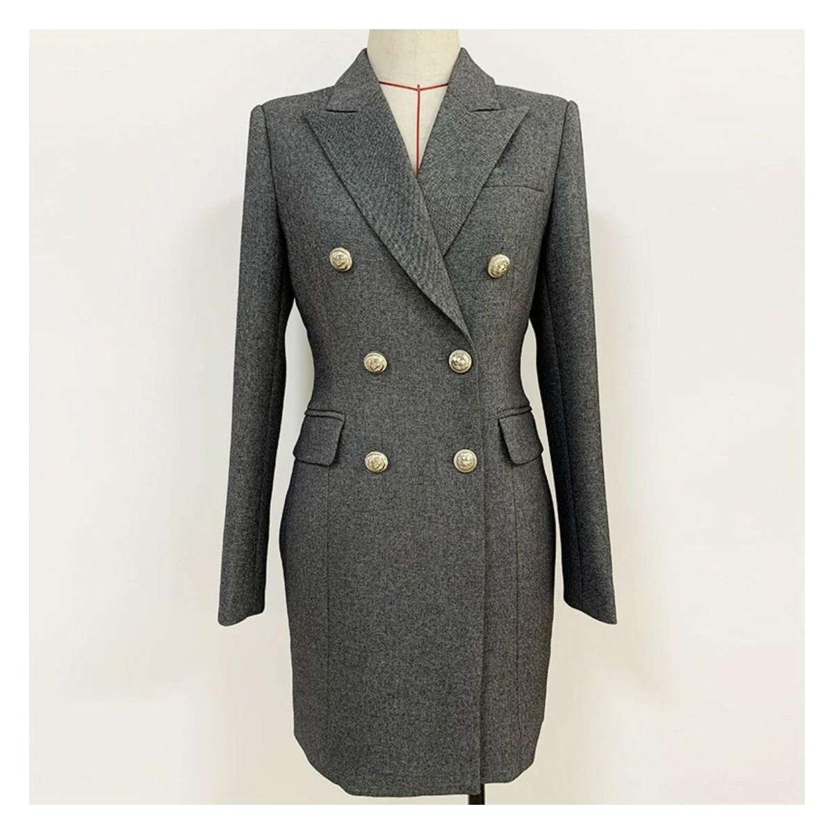 V-Neck Double Double Breasted Blazer Dress - GRAY / L