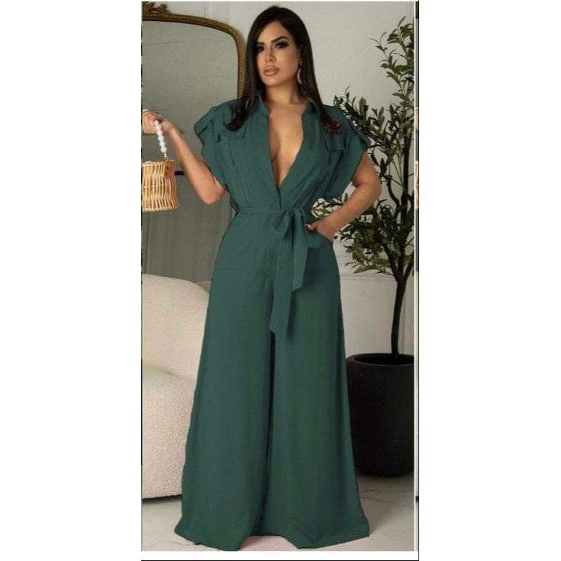 V-Neck Wide-leg Short Sleeve Overall Jumpsuit - PINK / L