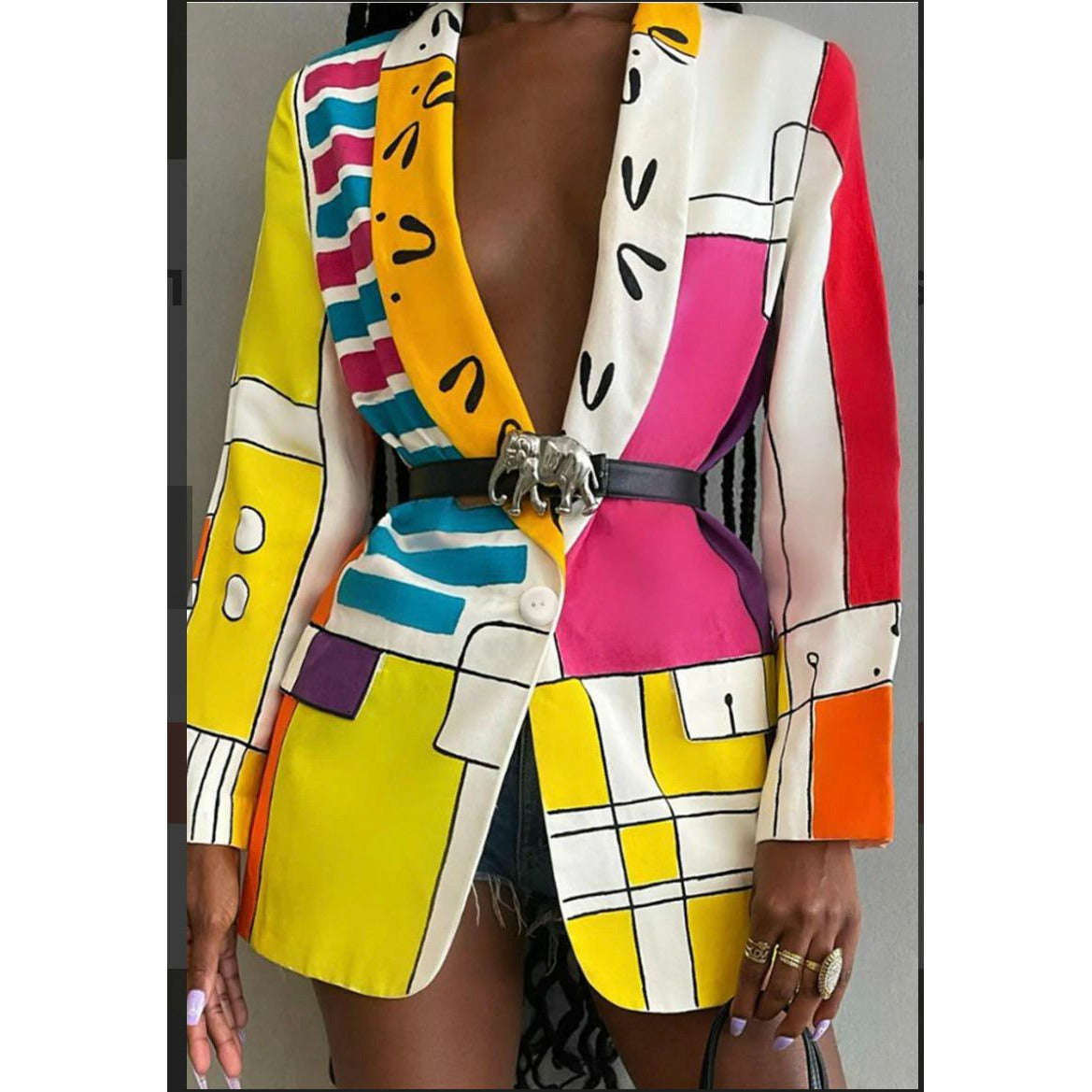 Printed Turn-down Collar Long Blazer - MULTI-COLOR / S