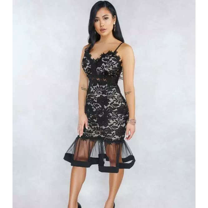 Lace Sexy Mesh V-neck Bodycon Summer Dress - BLACK / XXL