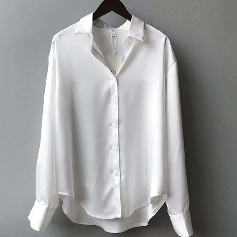 Silk Long-sleeve Vintage  Shirt Blouse - WHITE / L