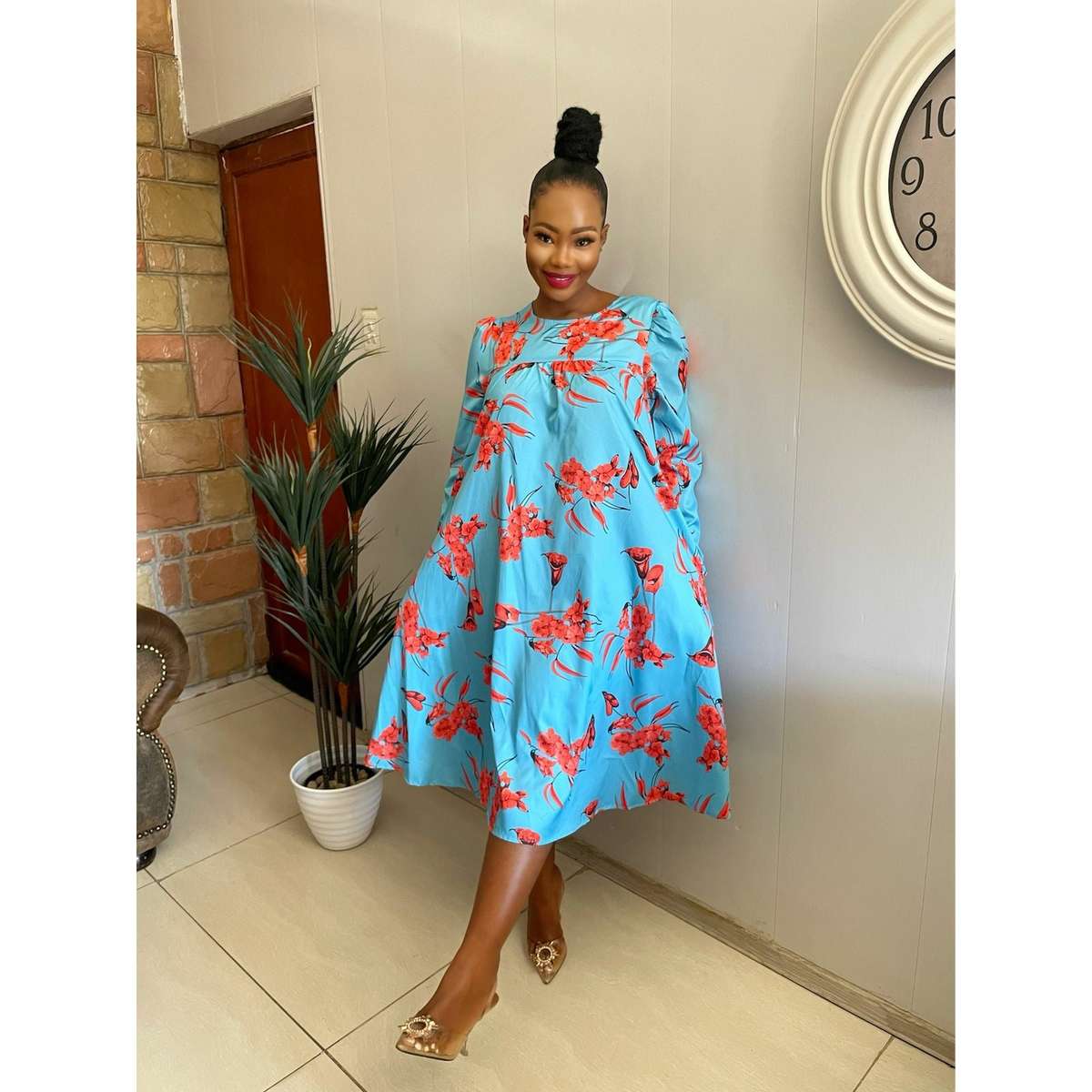 Long Sleeve Floral Bubble Dress - WHITE / 3XL