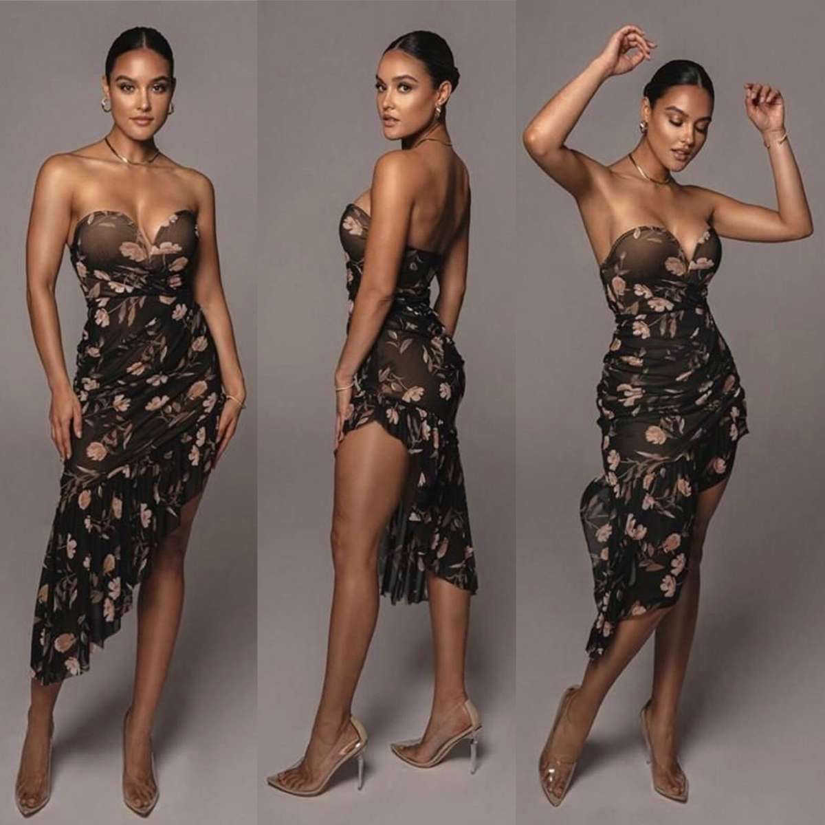 Floral Printed Sexy Strapless Midi Dress - BLACK / M