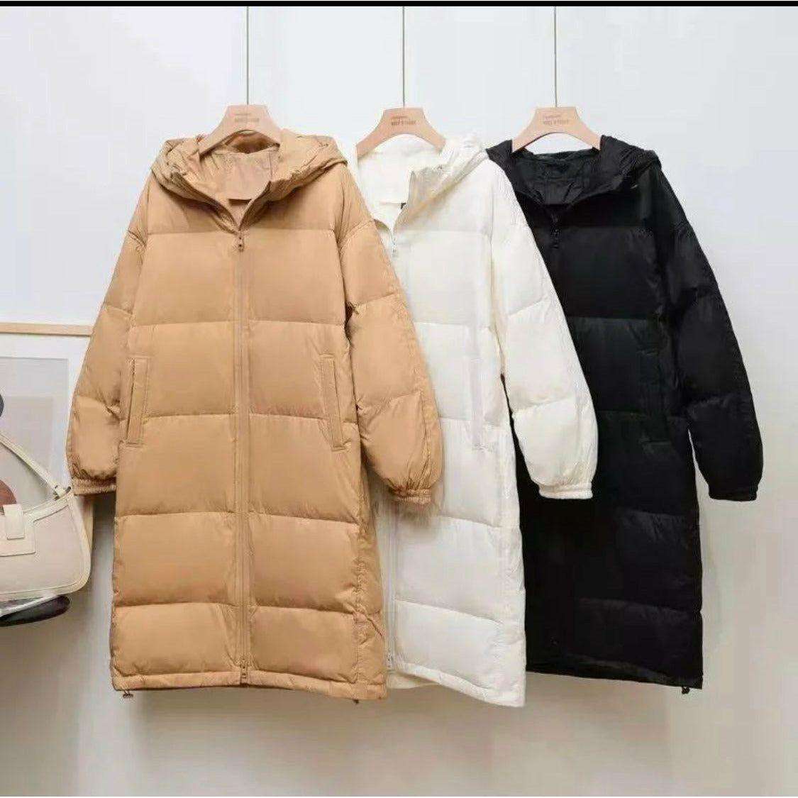 Zipper Long Puffer Jacket - WHITE / S