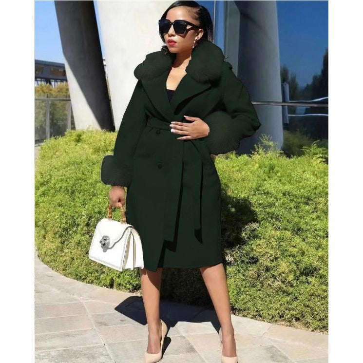 Fur Collar Woolen Long Overcoat - ORANGE / 4XL