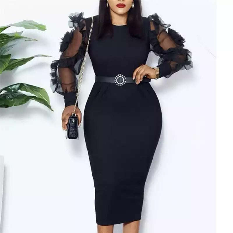 Round Neck Mesh Long Sleeves Dress - BLACK / M