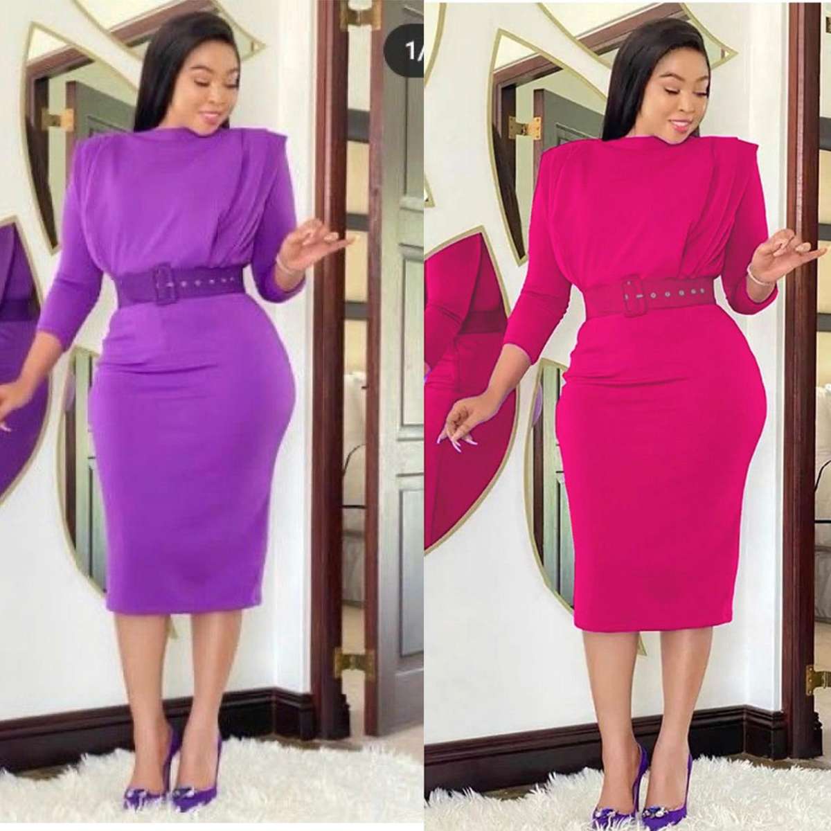 Belted Long Sleeve Bodycon dress - ROYAL BLUE / M