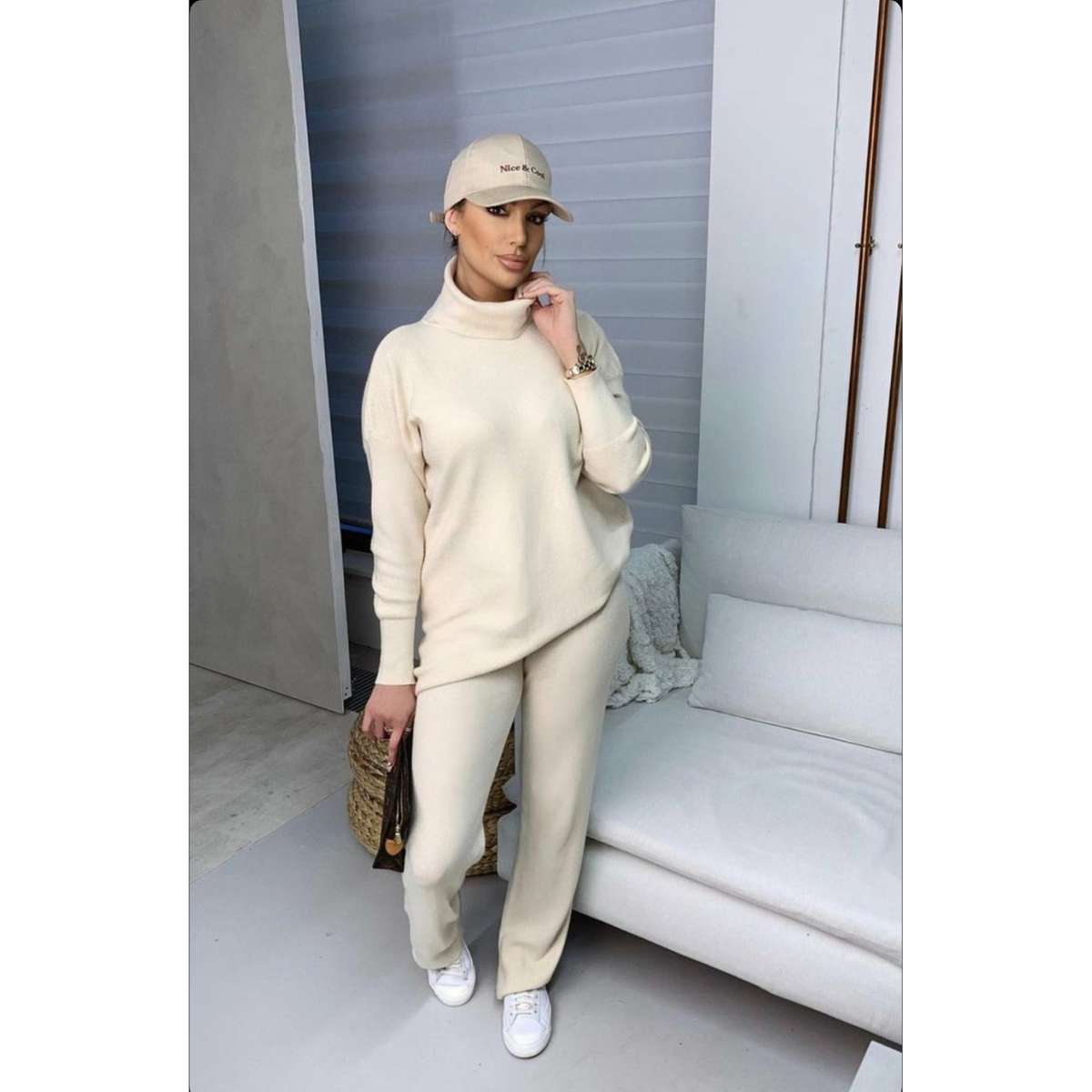 Long Peplum top  & Pants Sweater Set - KHAKI / XXL