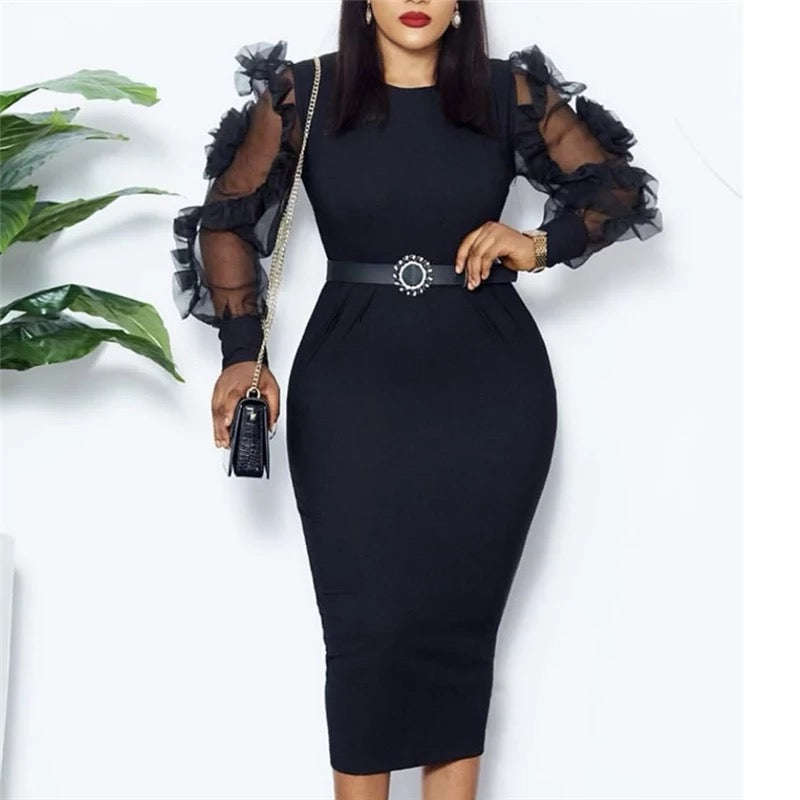 Round Neck Mesh Long Sleeves Dress - BLACK / M