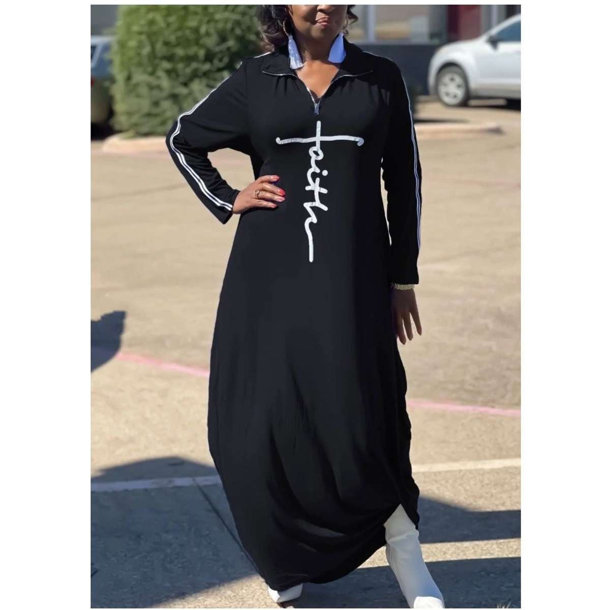 Print Long Sleeve Loose Long Dress - BLACK / 5XL