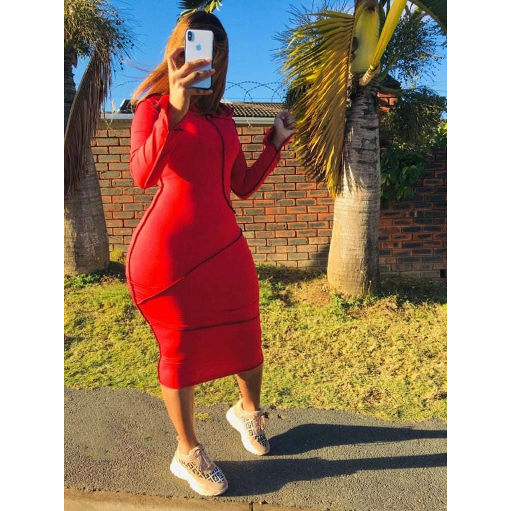 Hooded Bodycon Long Sleeve Dress - RED / L