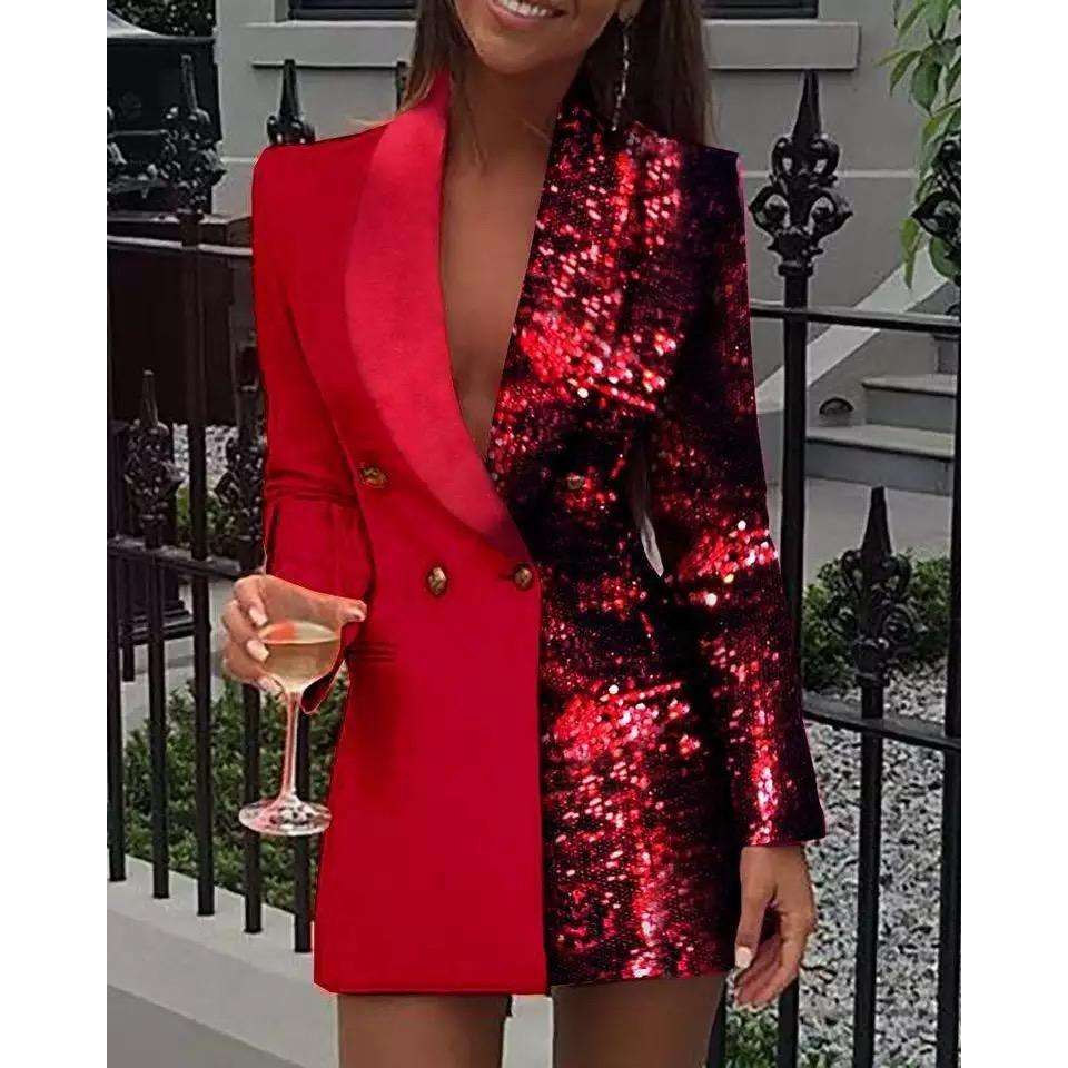 Sequined Patchwork Long Blazer - RED / L