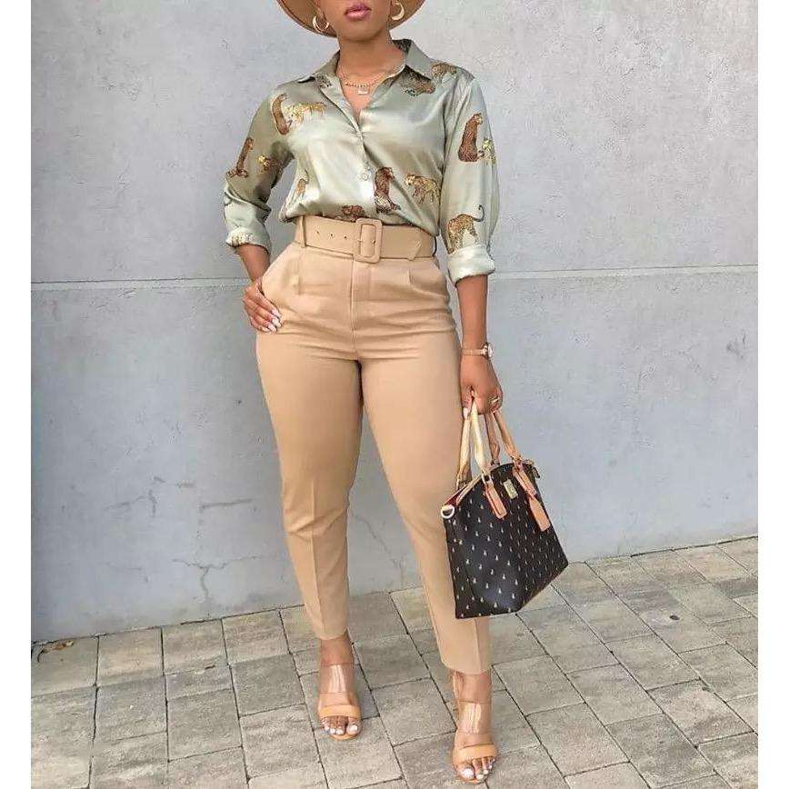 Print Blouse Shirt - BROWN / S