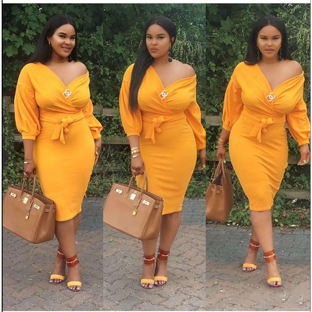 Deep V-Neck Cold Shoulder Bodycon Dress - YELLOW / M