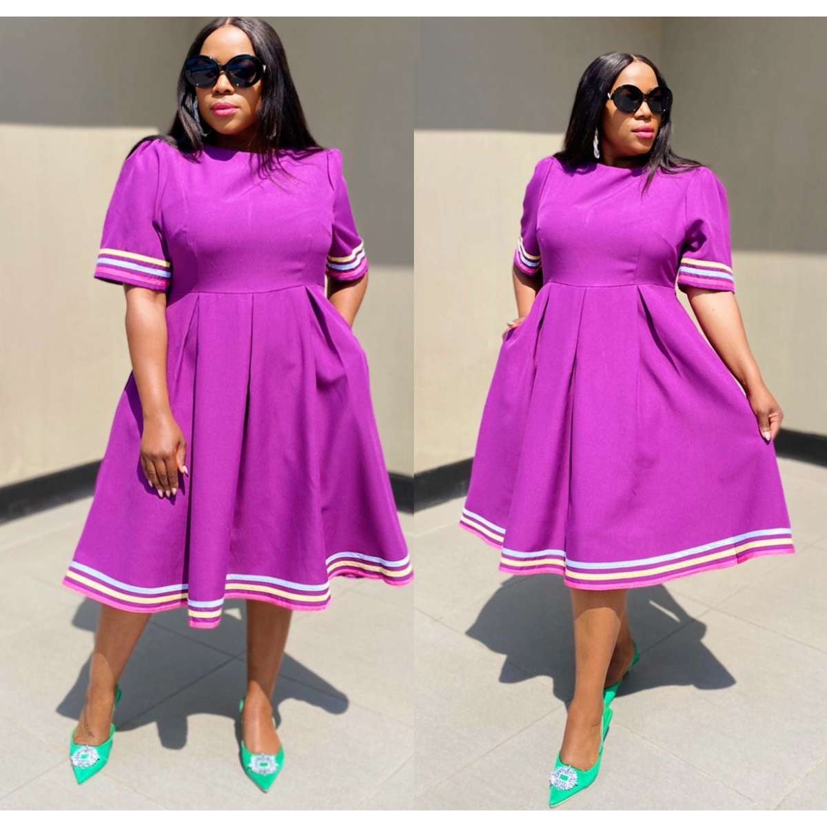 Round Neck 3 quart Sleeve Ankara Dress - PURPLE / 34