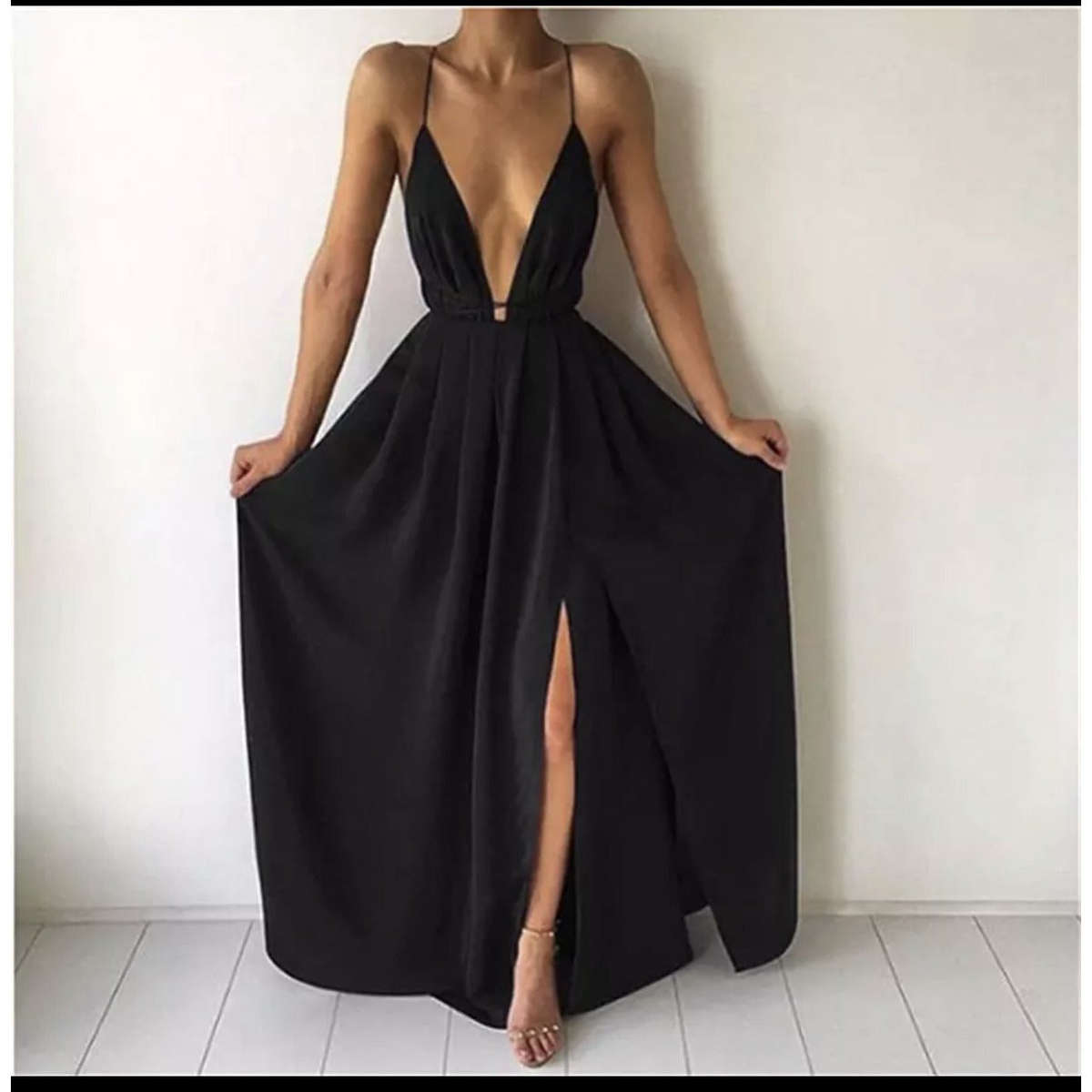 Deep V Neck Side Slit Maxi Dress - BLACK / XL