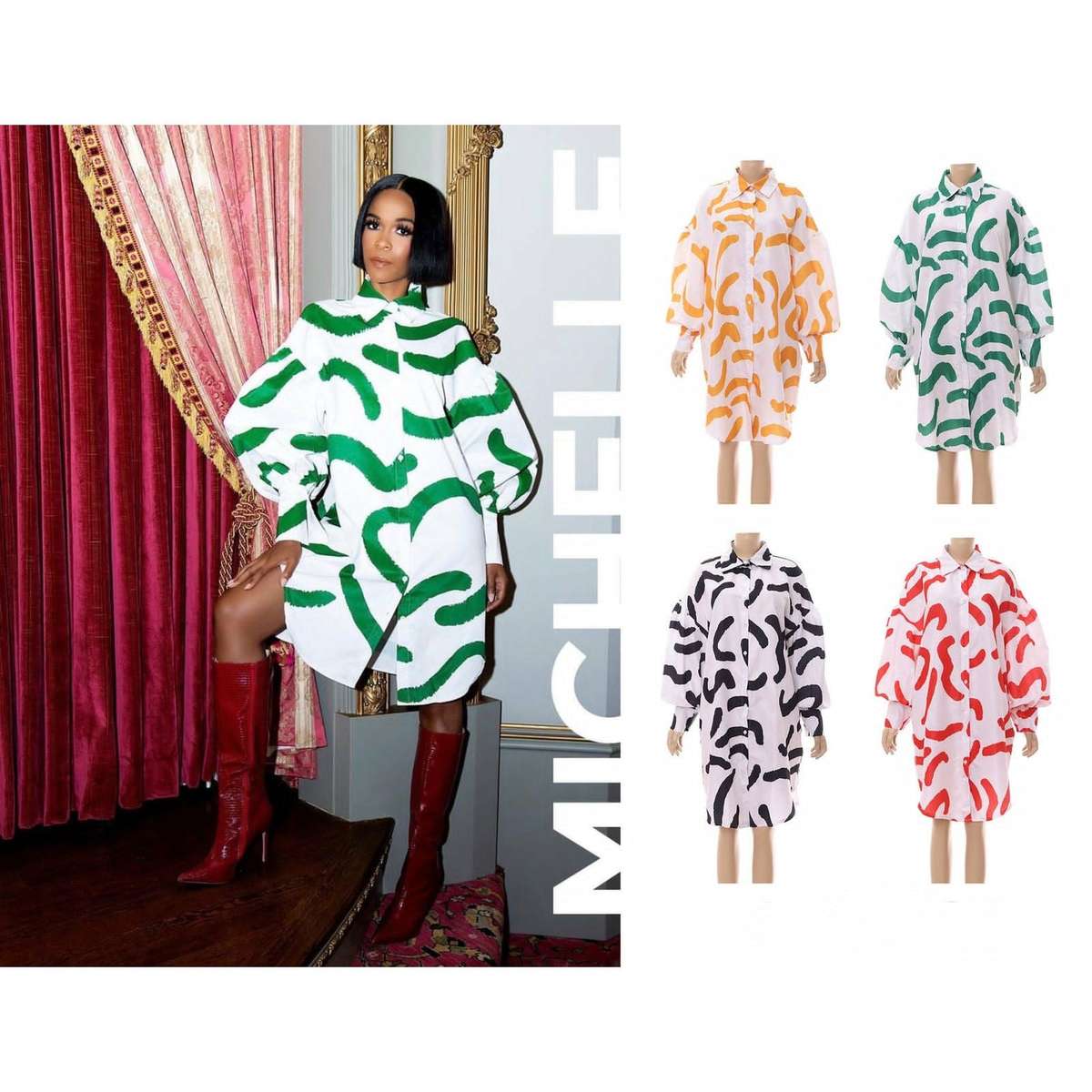 Lantern Sleeve Knee-Length Shirt Dress - RED / XXL