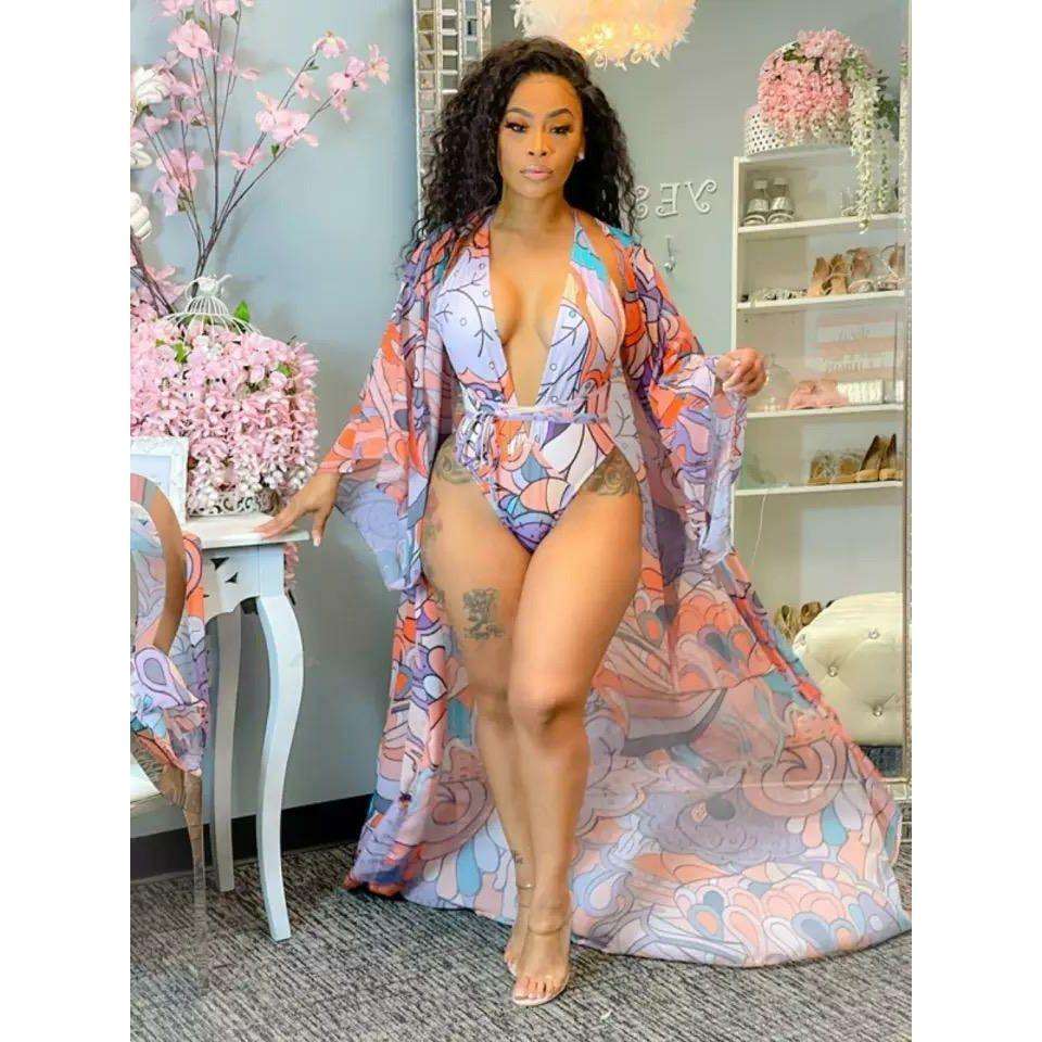 One Piece Swimsuit And  Cover-up Set - S