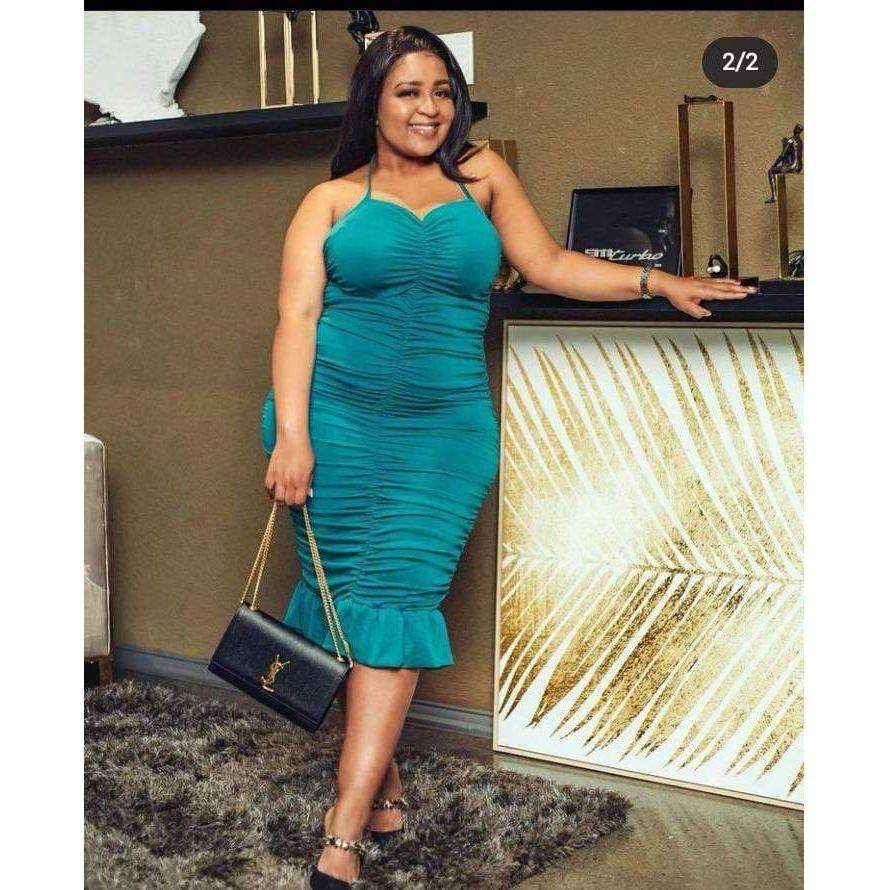 Halter Ruffle Party Midi Dress - GREEN / L