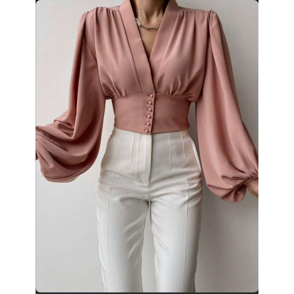 Button Front Puff Lantern Sleeve Top - PINK / S