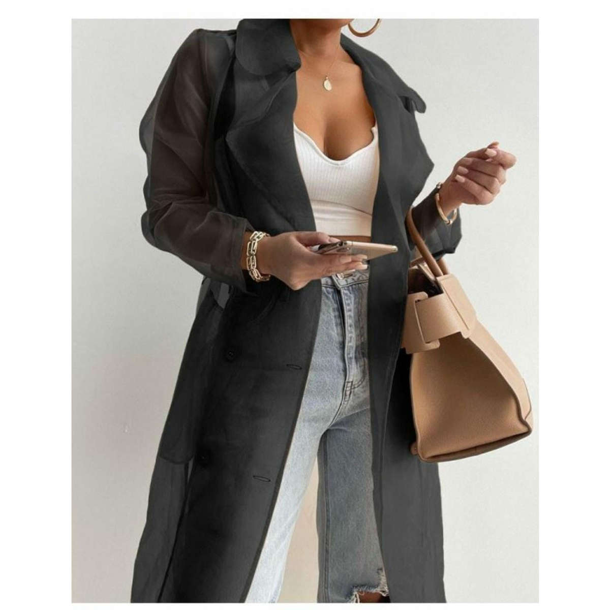 Sheer mesh long sleeve coat