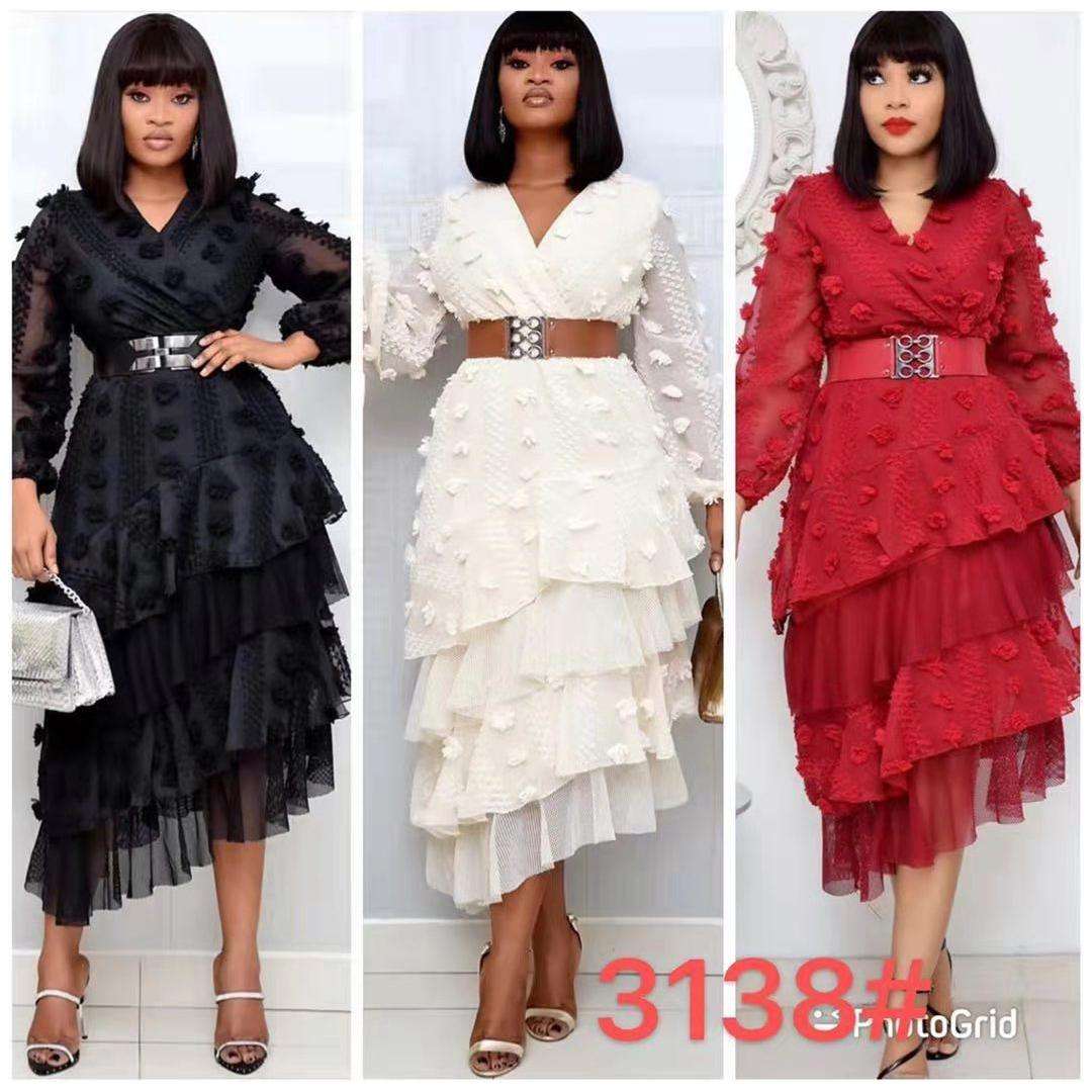 Mesh Long Sleeves V-Neck Ruffles Dress - BLACK / XL