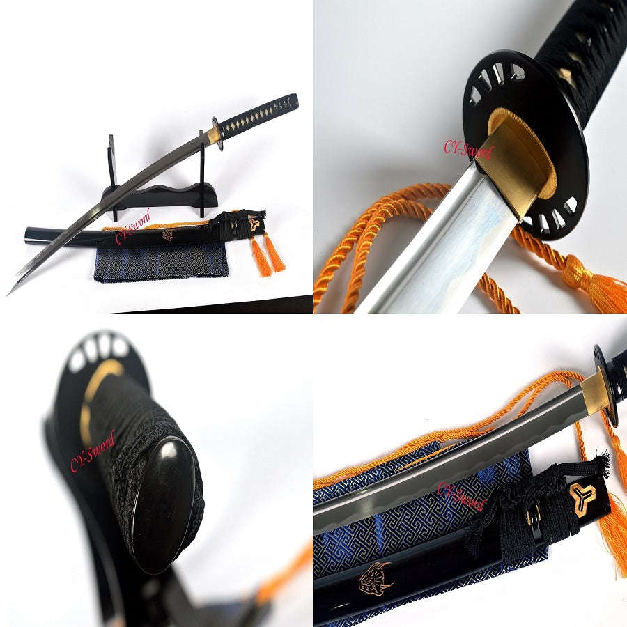 Hand Forged Japanese Black Kill Bill Katana Sword Black Iron Tsuba Sharpened Blade