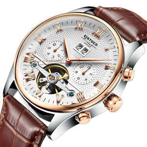 Skeleton Automatic Watch Men Waterproof Flying Tourbillon Mechanical Watches... - Brown Leather Band