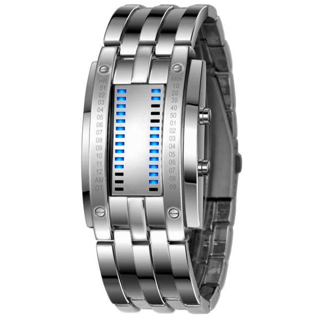 Men's Black Stainless Steel Date Digital LED Bracelet Sport Watches - Silver