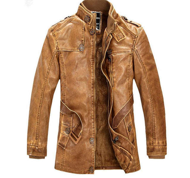 Hot High quality winter men's coat warm jacket Retro men's leather jacket Plus vel... - yellow / XXL