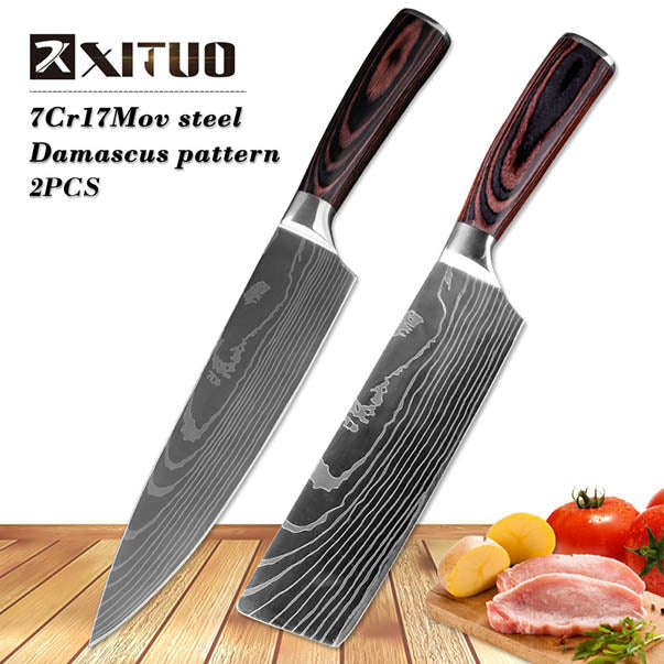 8"inch japanese kitchen knives Imitation Damascus pattern chef knife Sharp Santoku Cleaver... - 2PCS