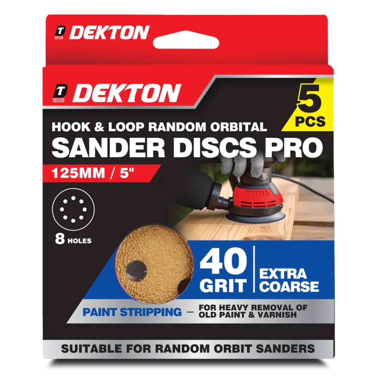 DEKTON 5PC Hook & Loop Random Orbital Sander Discs Pro - 40 Grit