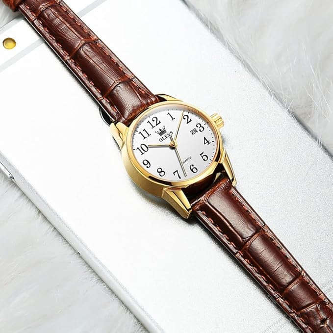 OLEVS Women's Luminous Brown Leather Strap Watch