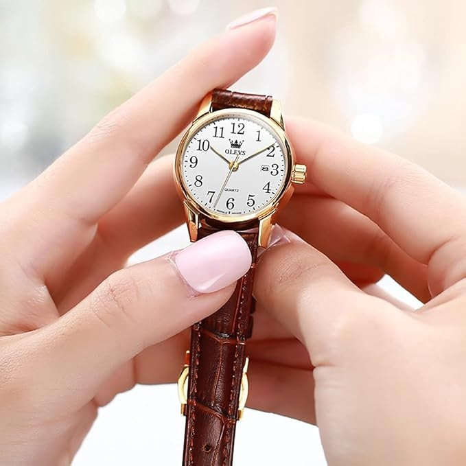 OLEVS Women's Luminous Brown Leather Strap Watch