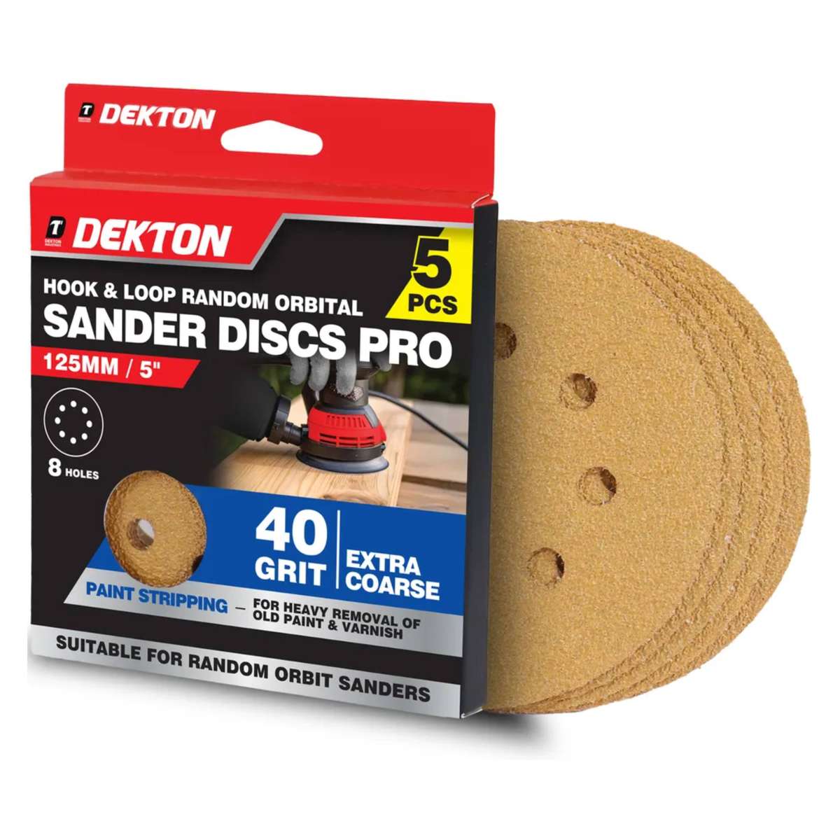 DEKTON 5PC Hook & Loop Random Orbital Sander Discs Pro - 40 Grit