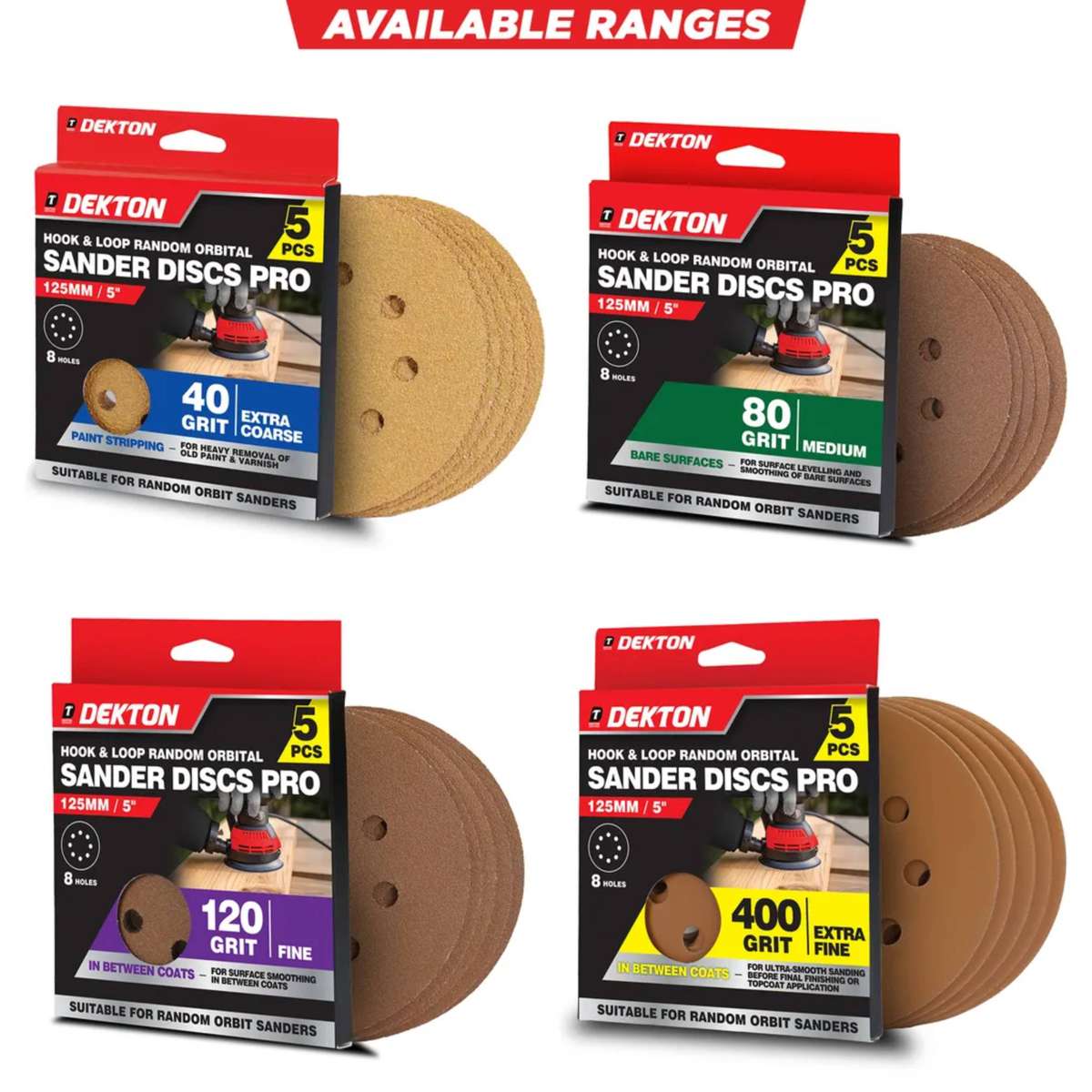 DEKTON 5PC Hook & Loop Random Orbital Sander Discs Pro - 400 Grit