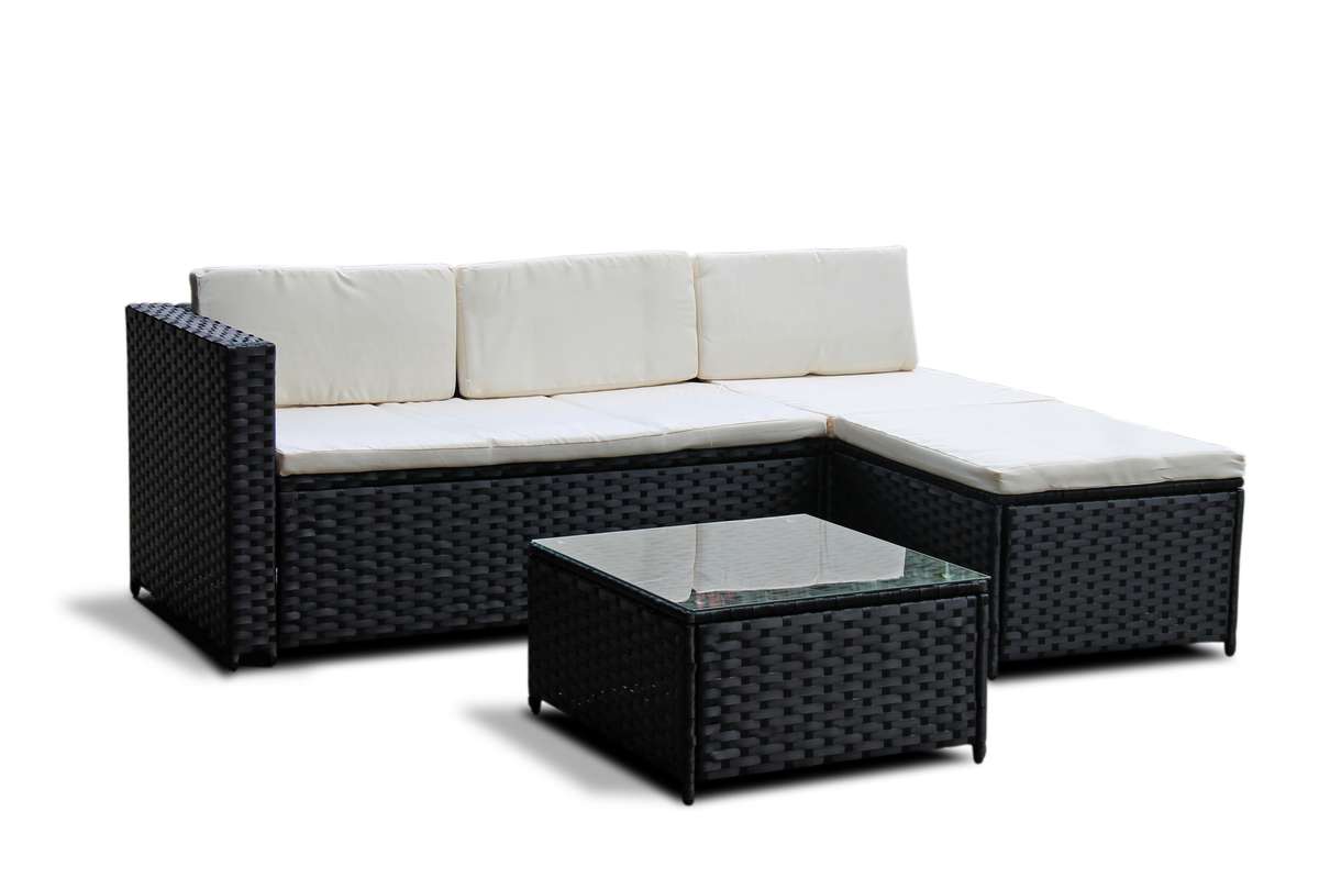 Rattan Livorno L-Shape - Black - Cream Cushions