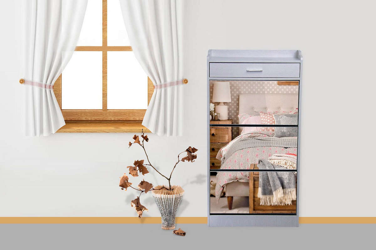 Fine Living Mirror Shoe Cabinet - 3 Tier with Draw - Maple