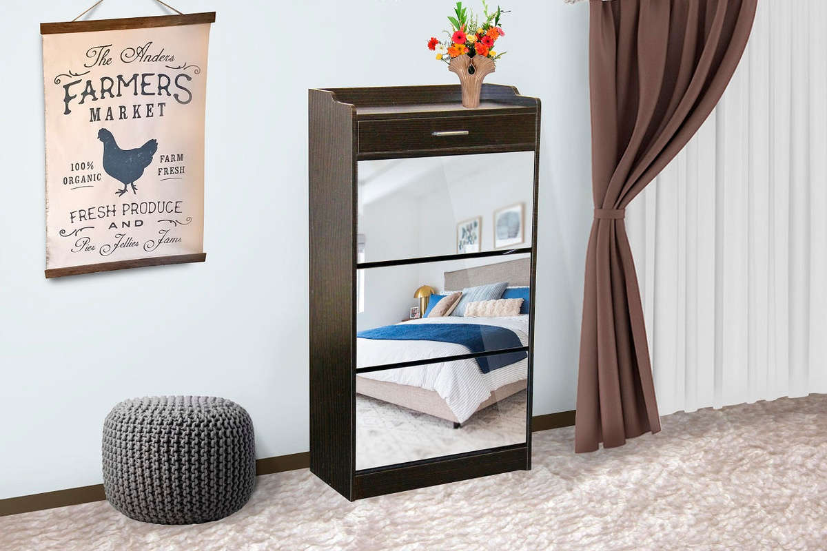 Mirror Shoe Cabinet - 3 Tier with Drawer - Wenge